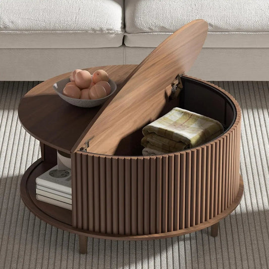Round Coffee Table with Storage - Mid Century Modern Design