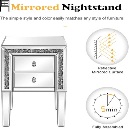 Silver Glass Mirrored Nightstands - Set of 2 with Storage