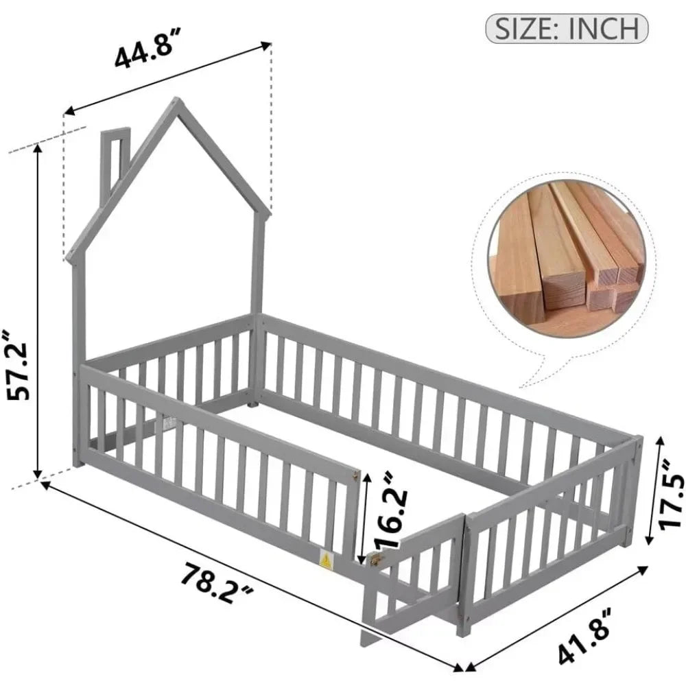 Twin Floor Bed with Guardrails & Door, Montessori Style