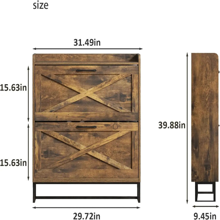 Shoe Rack Storage Cabinet Wooden Rustic Organizer with 2 Flip Drawers & Metal Legs