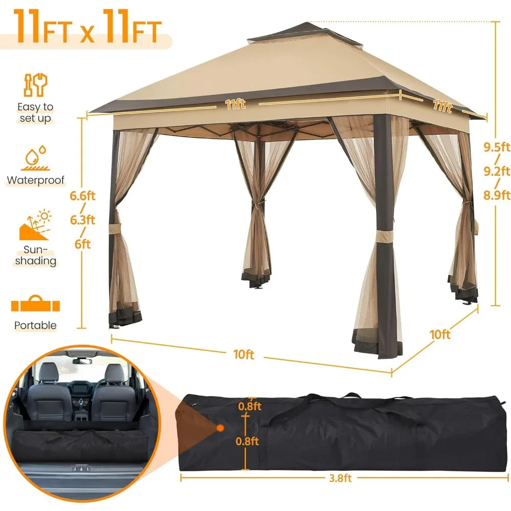 11x11 Outdoor Gazebo: Double Tier Sun Shade Canopy Shelter