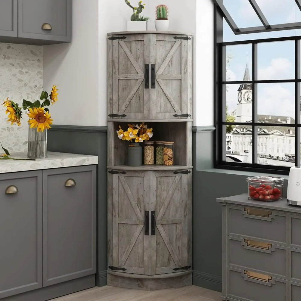 Farmhouse Corner Cabinet with Barn Doors & 5 Shelves, 64.8" Tall