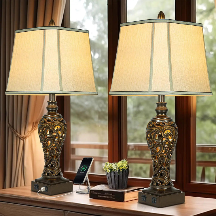 Vintage Brown Table Lamps Set of 2 with USB & Silk Shades