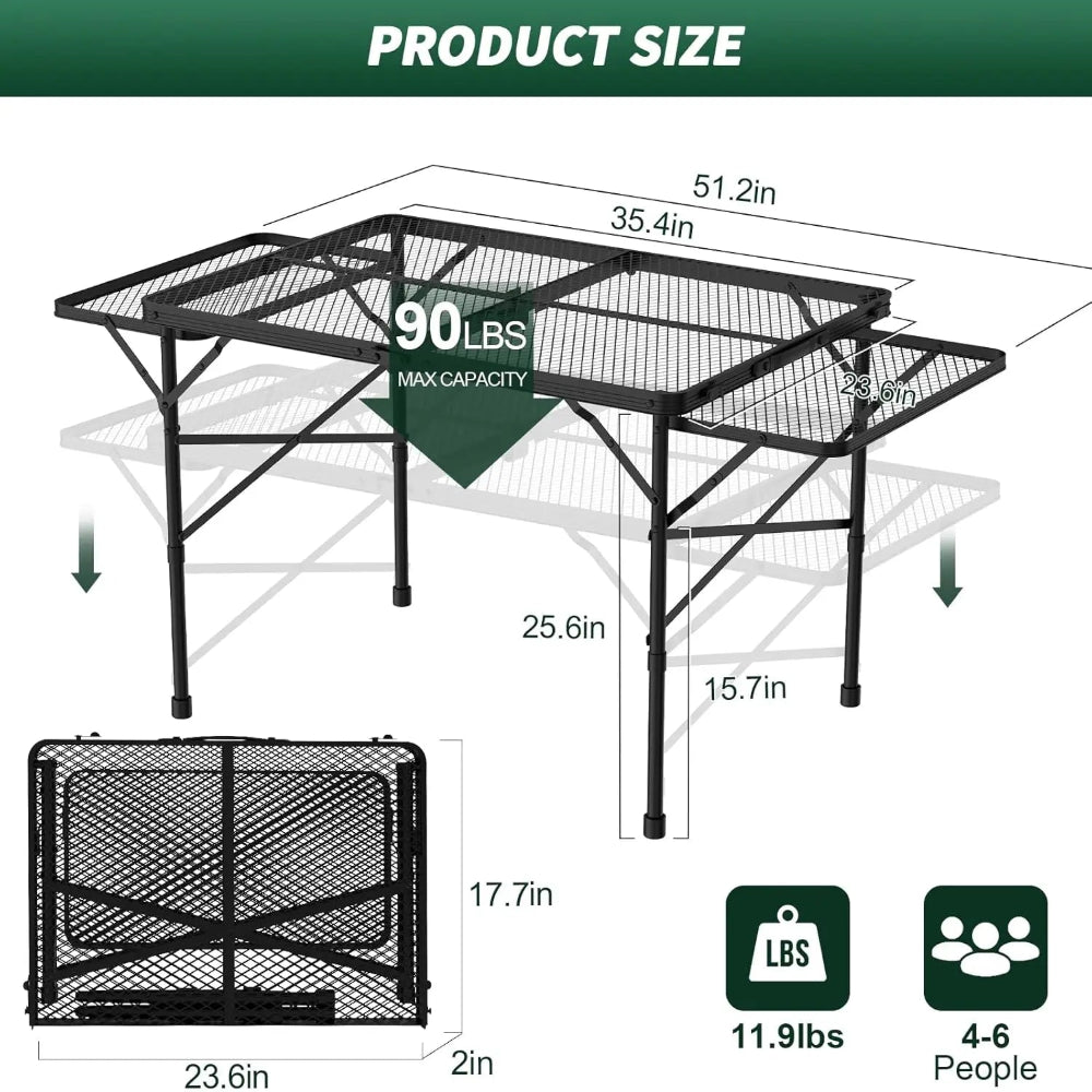 3x2 Ft Folding Table - Camping, Adjustable Height, Mesh Top