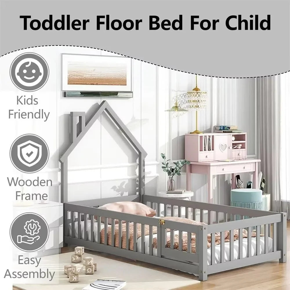 Twin Floor Bed with Guardrails & Door, Montessori Style