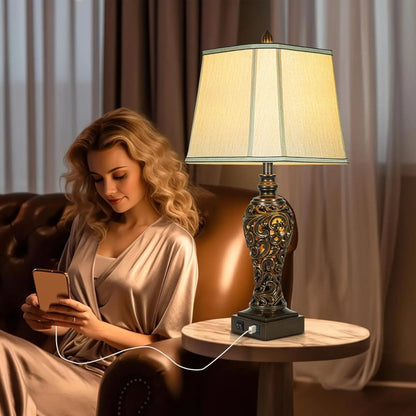 Vintage Brown Table Lamps Set of 2 with USB & Silk Shades