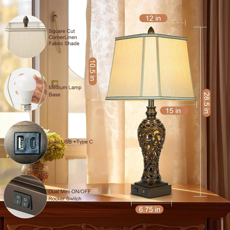 Vintage Brown Table Lamps Set of 2 with USB & Silk Shades