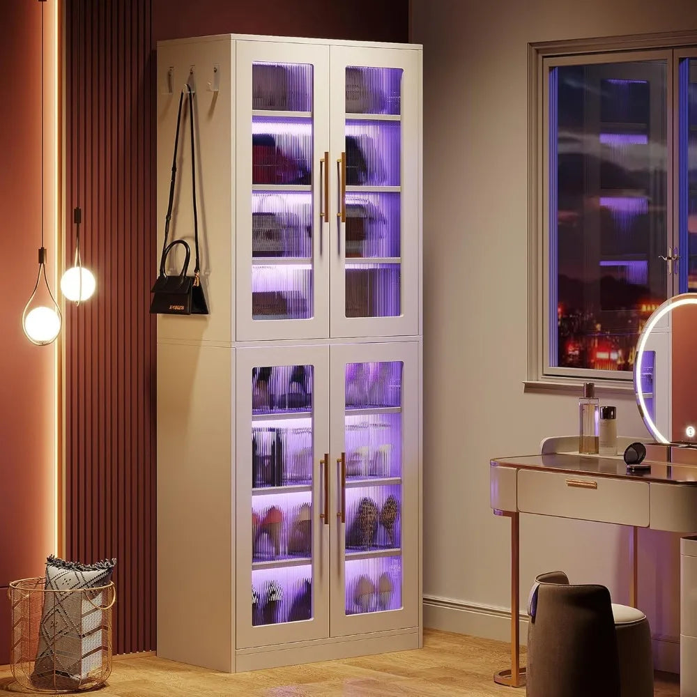 LED Shoe Storage Cabinet, 8-Tier with Acrylic Doors & Shelves