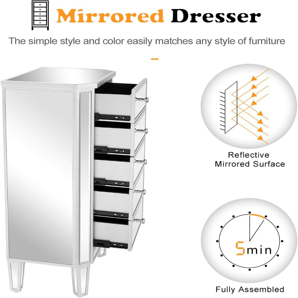 Mirrored Dresser 5 Drawers - Modern Glass Chest for Bedroom