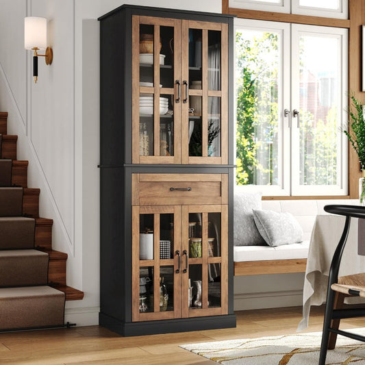 71'' Kitchen Pantry Cabinet with Glass Doors & Drawer