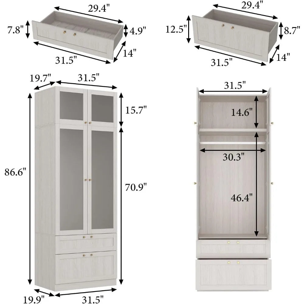 Wardrobe Closet 2-Door Acrylic Armoire with Top Cube Storage