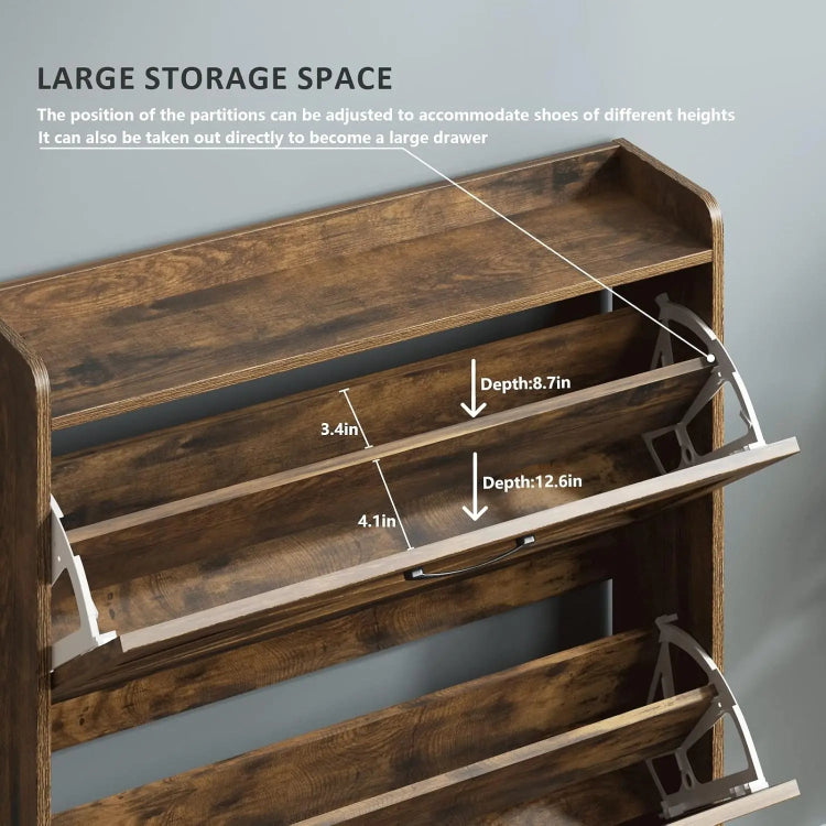 Shoe Rack Storage Cabinet Wooden Rustic Organizer with 2 Flip Drawers & Metal Legs