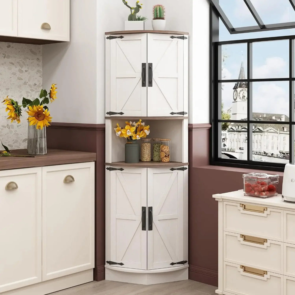 Farmhouse Corner Cabinet with Barn Doors & 5 Shelves, 64.8" Tall