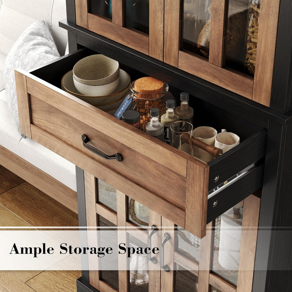 71'' Kitchen Pantry Cabinet with Glass Doors & Drawer