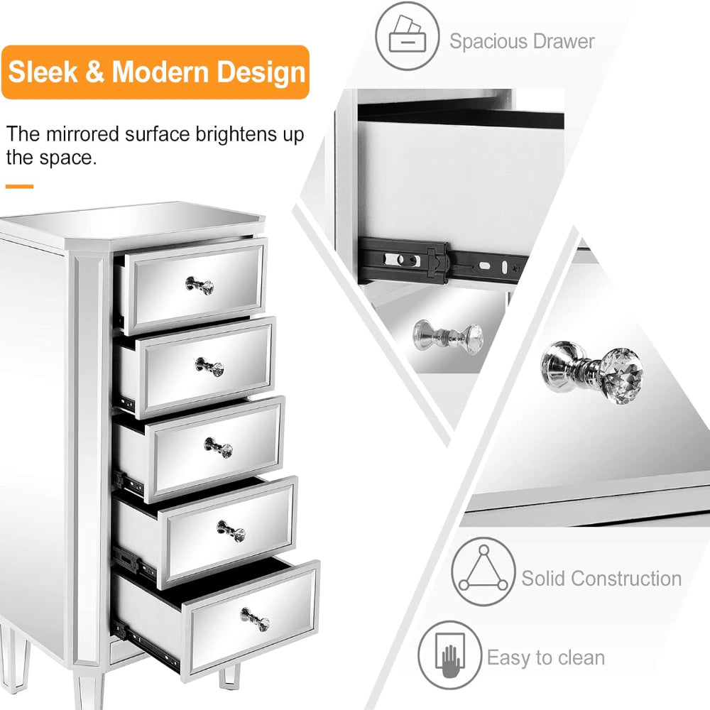 Mirrored Dresser 5 Drawers - Modern Glass Chest for Bedroom