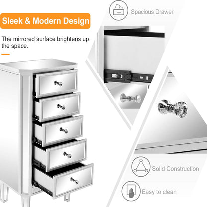 Mirrored Dresser 5 Drawers - Modern Glass Chest for Bedroom