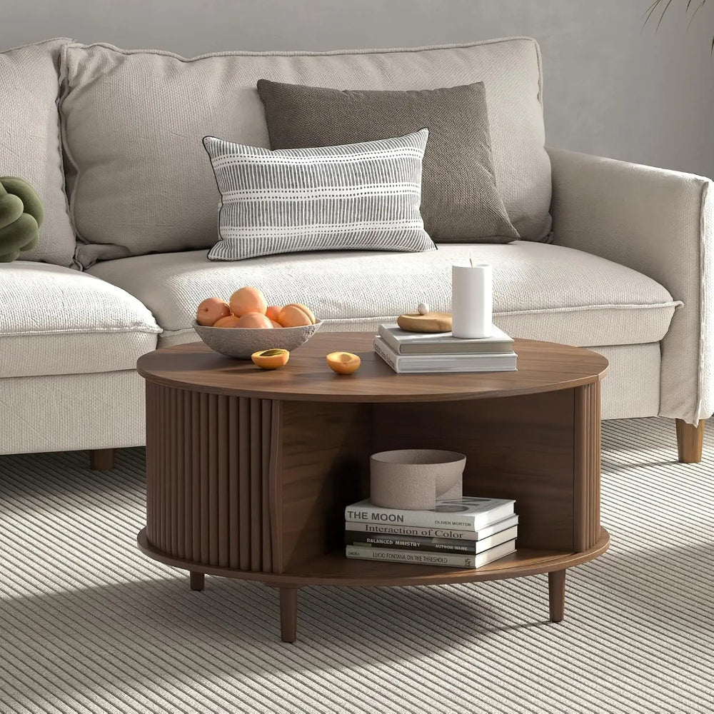Round Coffee Table with Storage - Mid Century Modern Design