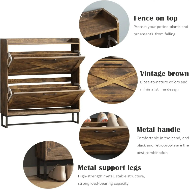 Shoe Rack Storage Cabinet Wooden Rustic Organizer with 2 Flip Drawers & Metal Legs
