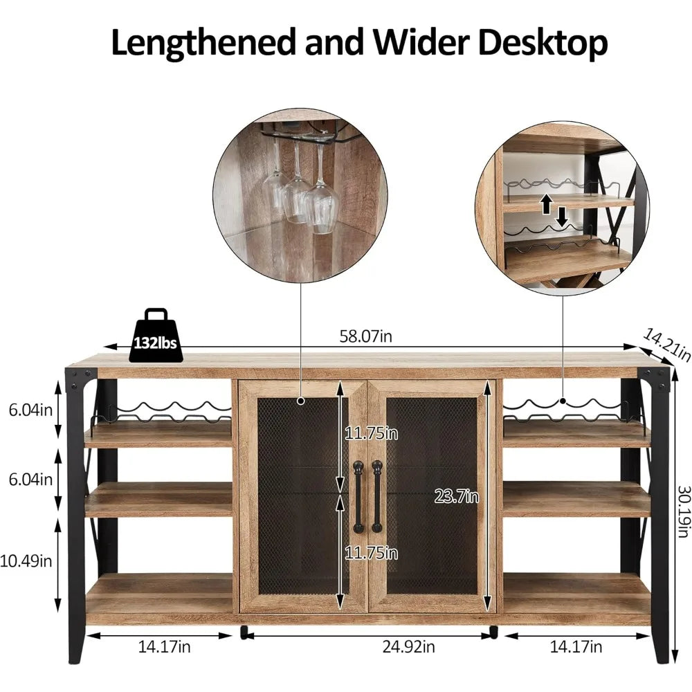 Farmhouse Wine Bar Cabinet with LED Lights & Storage, 58in