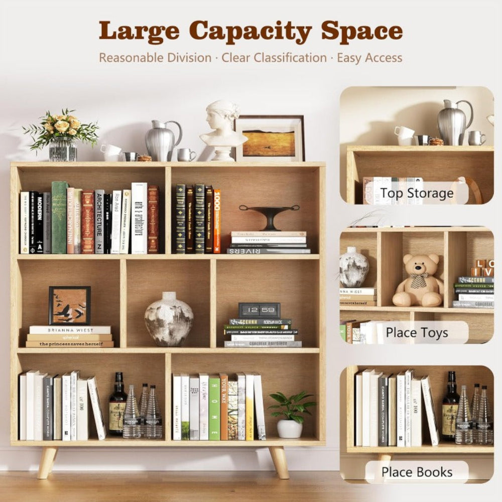 Wooden 7 Cube Bookshelf - Modern 3 Tier Open Storage Organizer