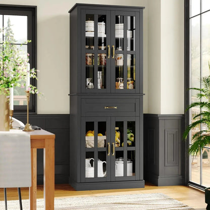 71'' Kitchen Pantry Cabinet with Glass Doors & Drawer