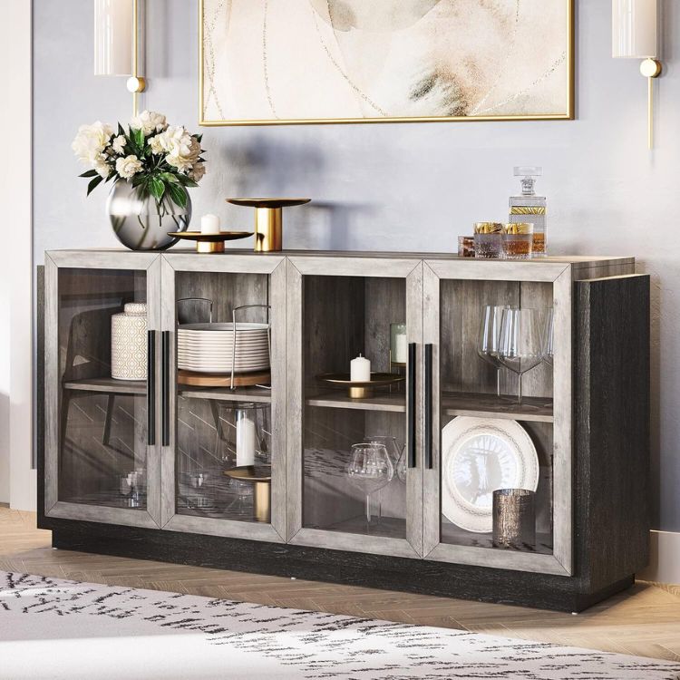 Sideboard Buffet Cabinet with Adjustable Shelves & Glass Display